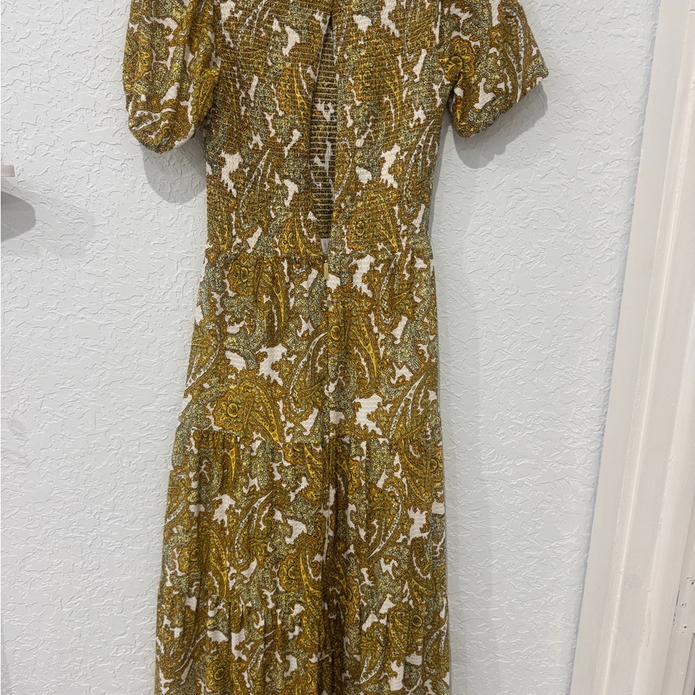 Paisley Print Puff-Sleeve Midi Dress in Mustard and White
